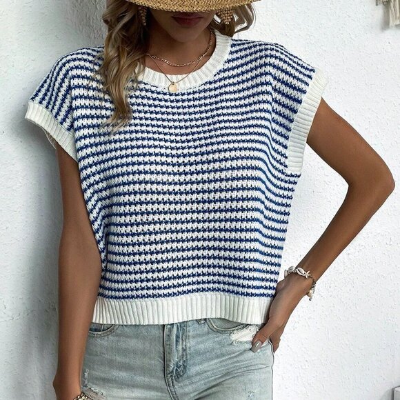 White Casual Women's Knit Mix Striped Round Neck Loose Knit Top - Picture 1 of 8